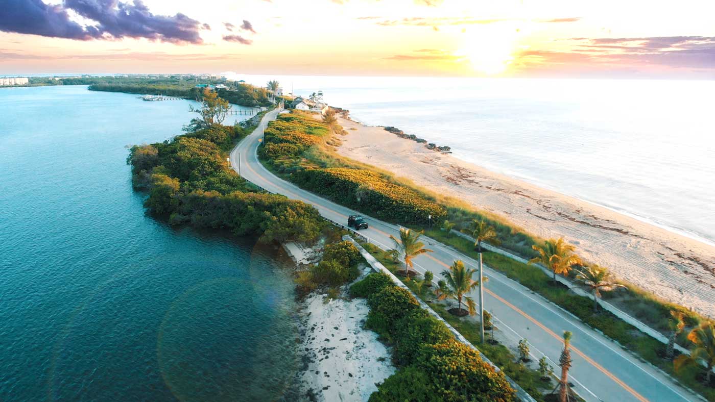 21LaMartinaM1 Aerial view of a coastal barrier island on the Indian River Lagoon at sunset, Florida. Photo credit: M. LaMartina
